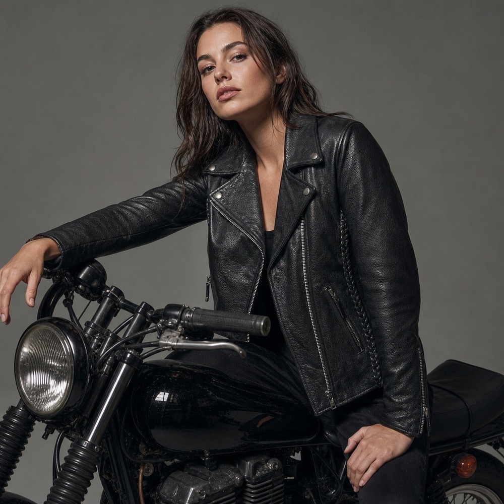 First Leather Apparel Wome's Moto Jacket XL Black Braided Trim L 103 Leather